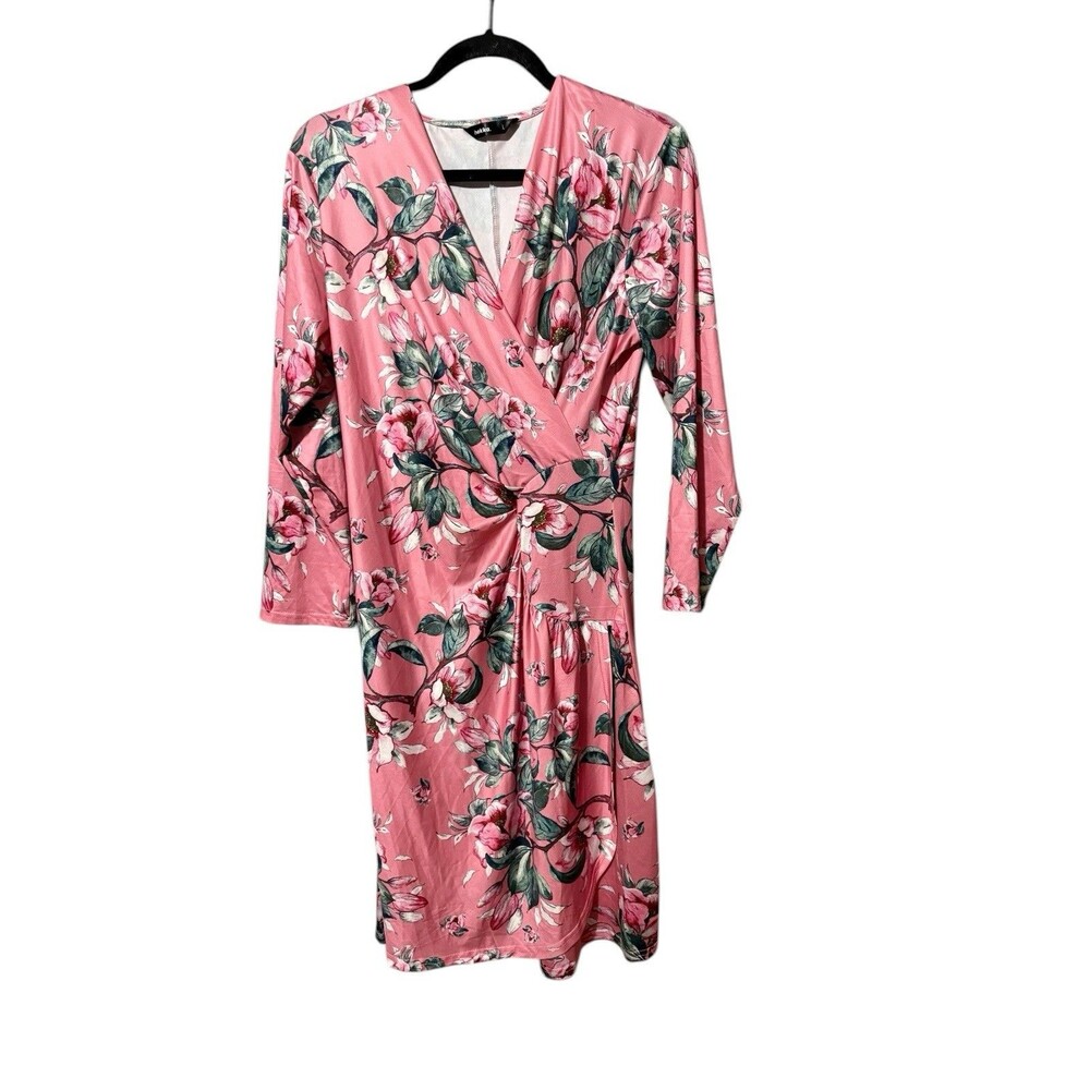 Hekka Faux Wrap Dress Long Sleeve Floral Pink Midi Lightweight Size L